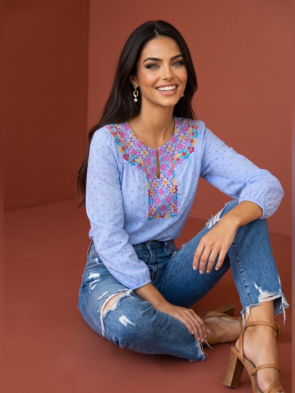 Talbots Light Blue Embroidered Split-Neck Blouse